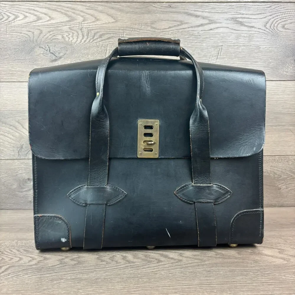 Cathey Enterprises Inc. Vintage Black Leather Briefcase Locking Flap Cowhide Bag